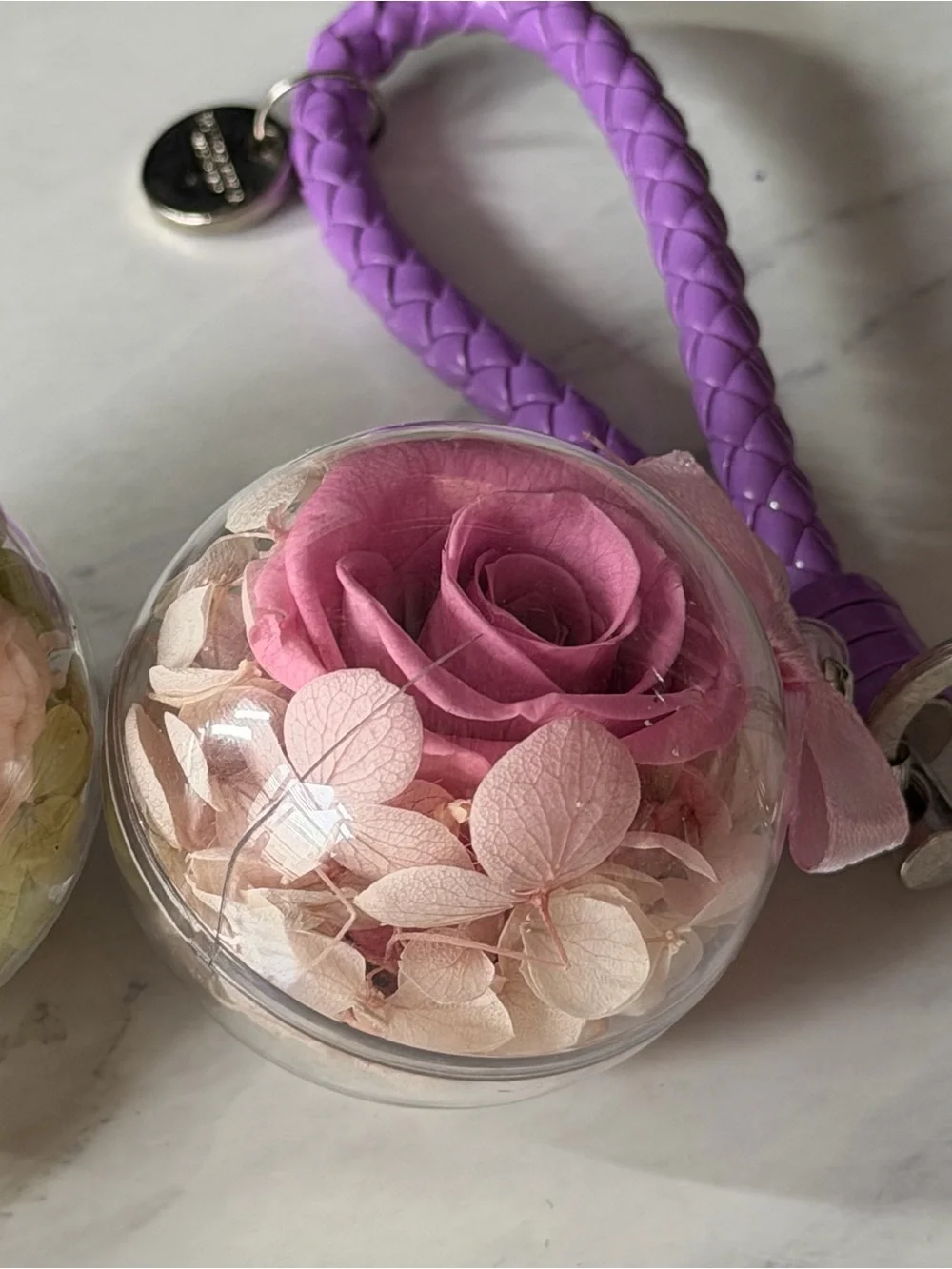 Purple Braided Wristlet Keychain with Pink Preserved Rose